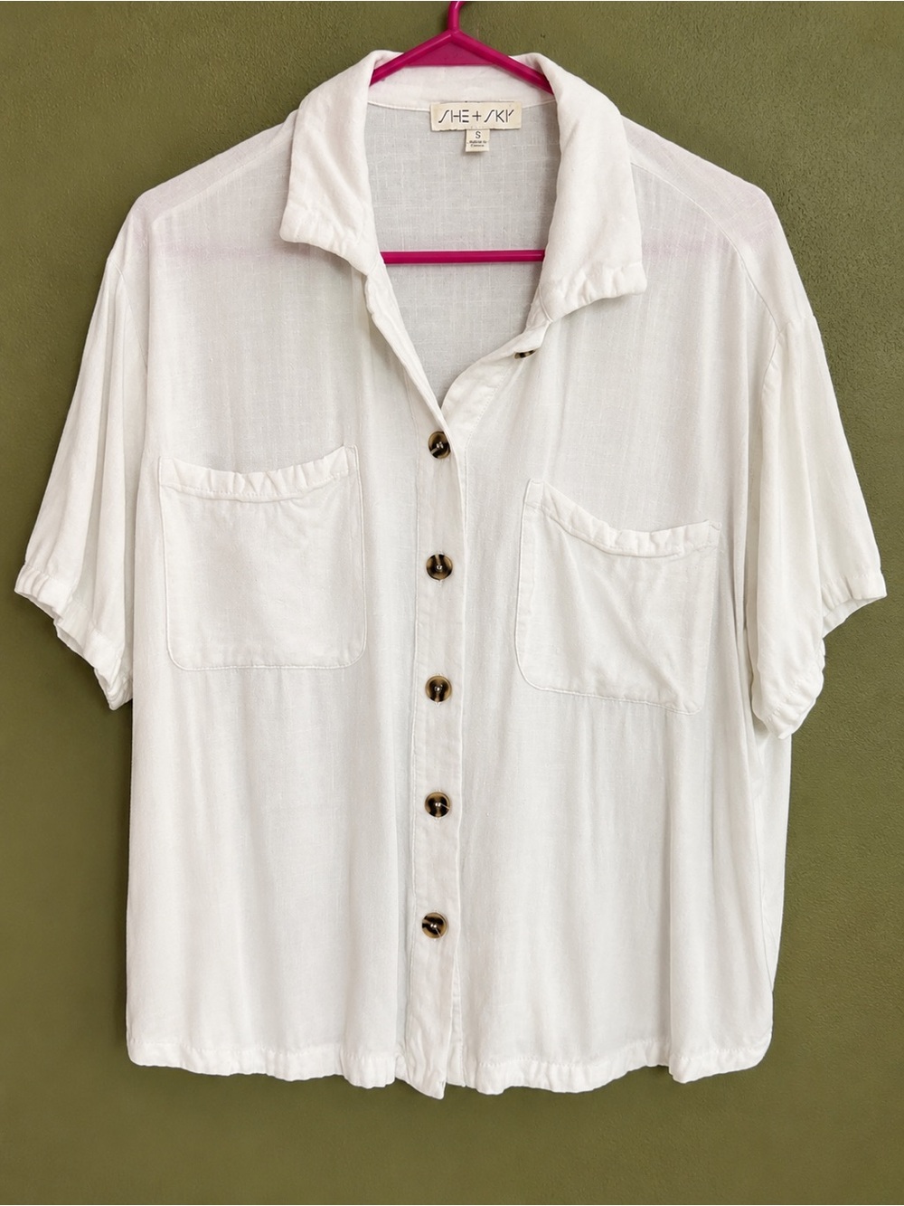 She + Sky Cream Short Sleeve Button Front Pocket Linen Blend Shirt